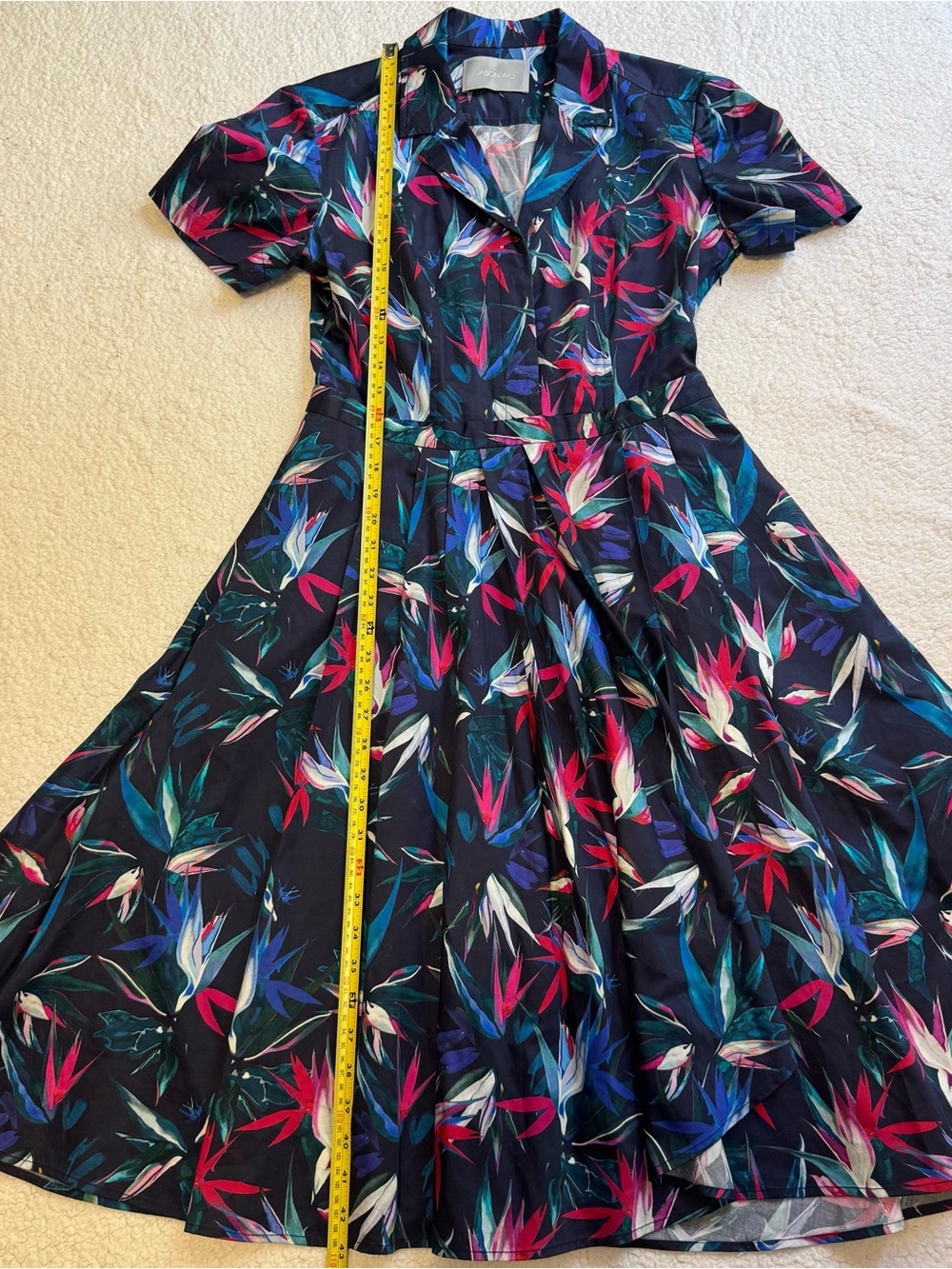 Jason Wu Navy Tropical Bird of Paradise Shirt Dress Size 8 Medium - Picture 9 of 9
